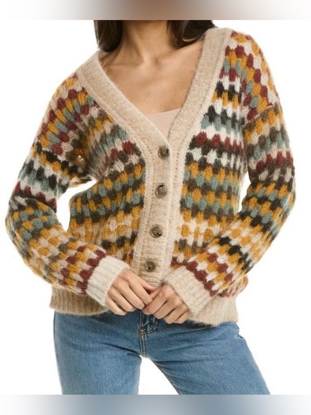 ba&sh Beige Multicolor V-Neck Button Lady Cardigan